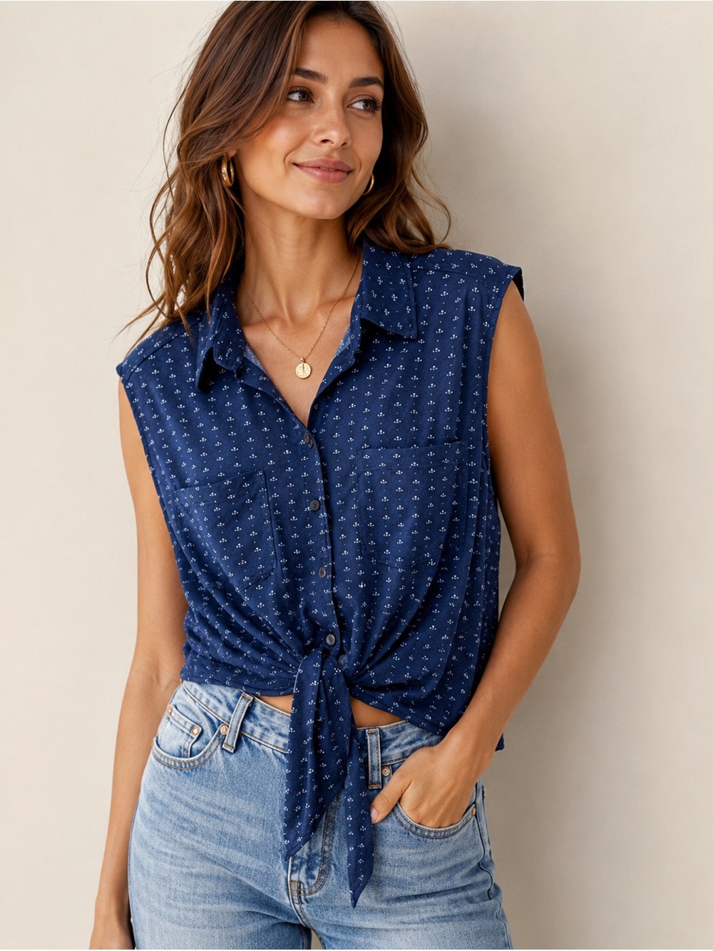 Eden & Olivia Navy Anchor Print Button Down Shirt